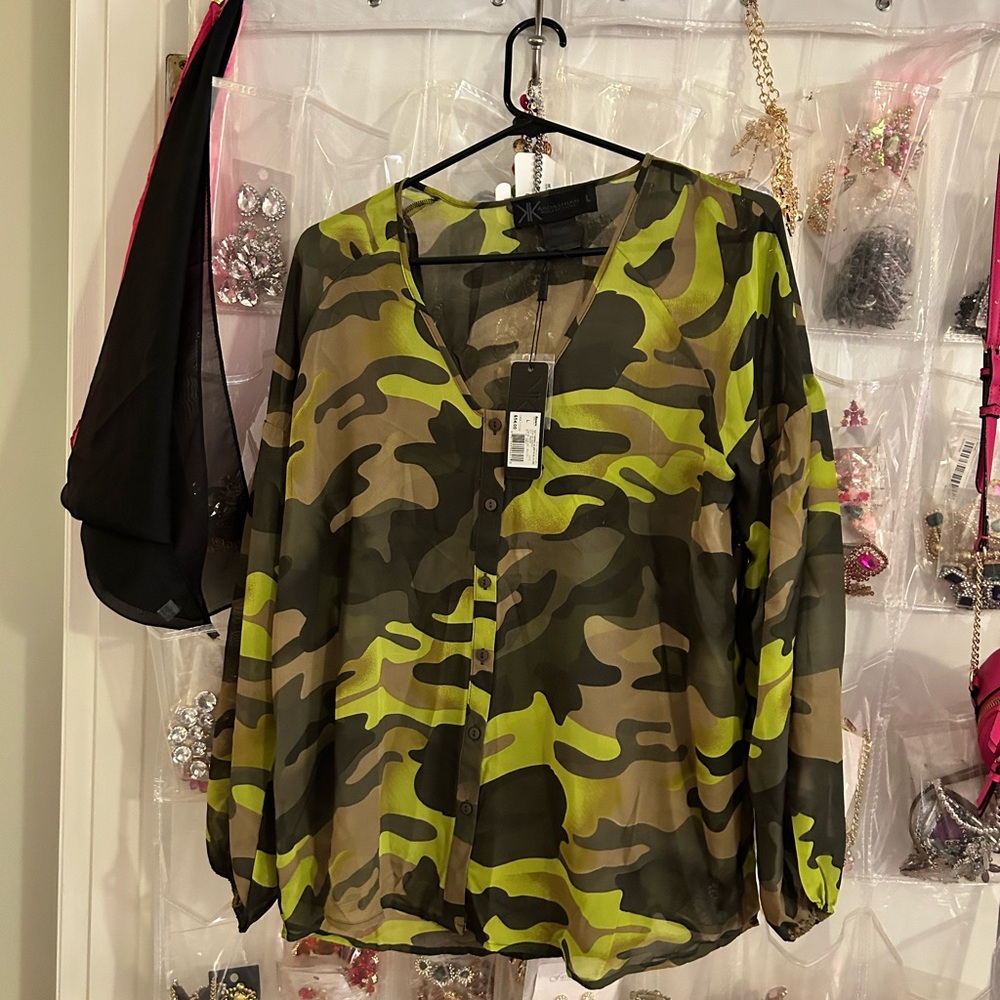 Kardashian Kollection Camouflage Blouse - Green and Black
